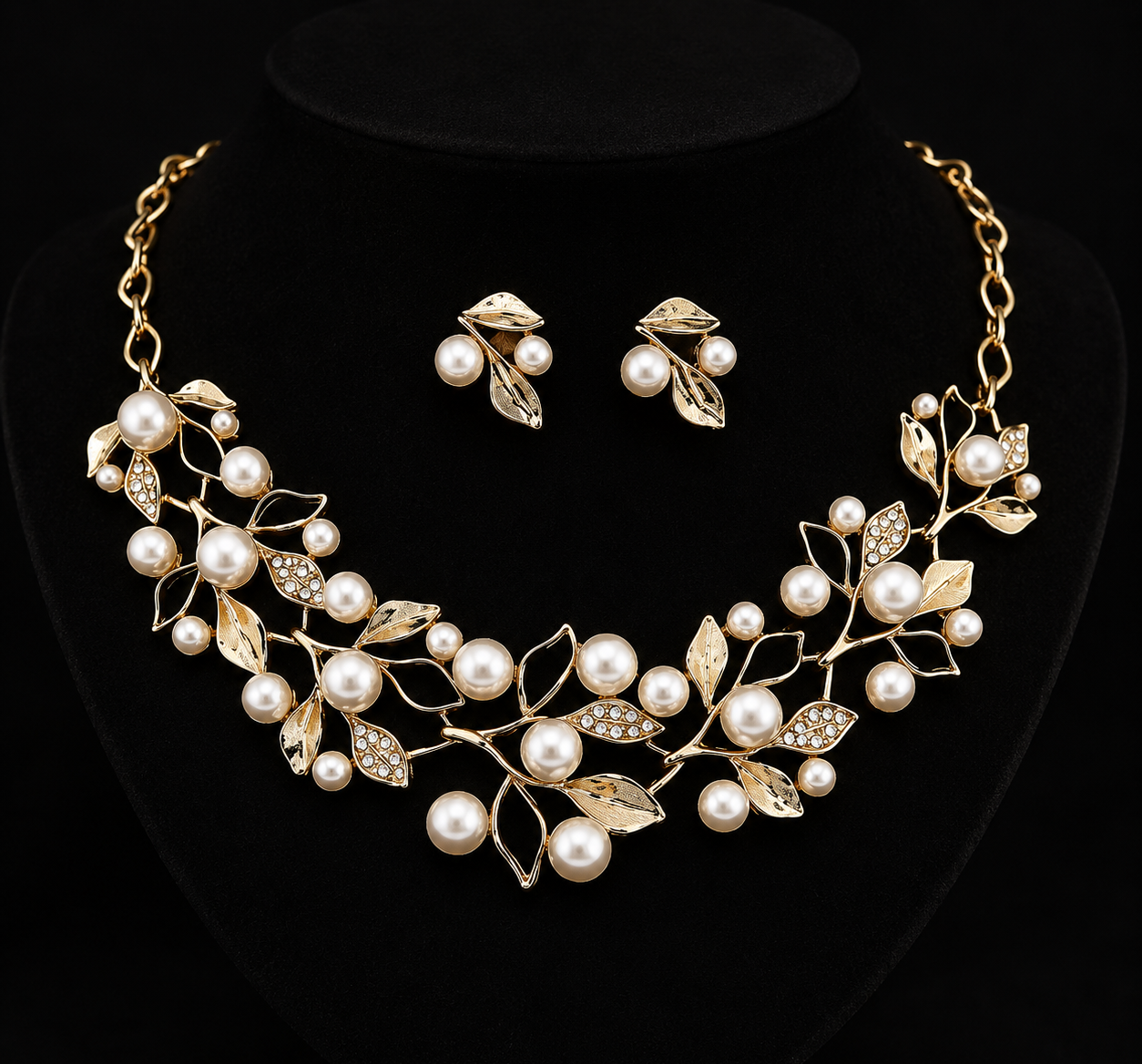 Golden Leaf & Pearl Garland Necklace Set