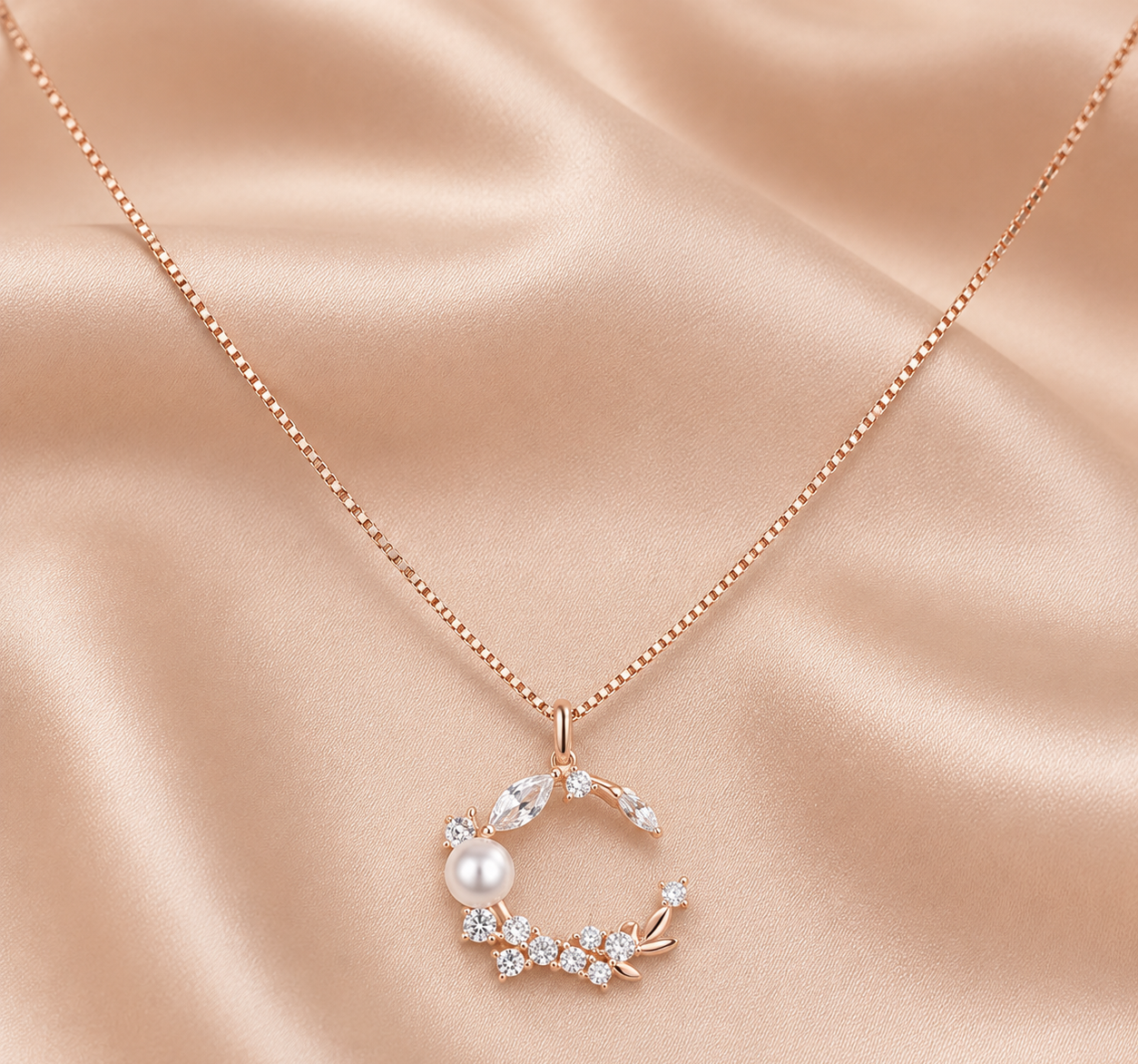 Rose Gold Celestial Wreath Pendant with Pearl and American Diamonds