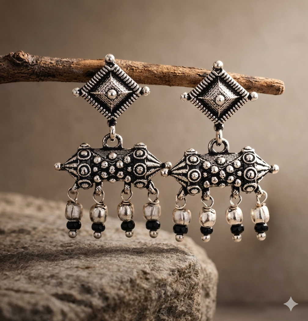 Oxidized Silver Tribal Drop Earrings