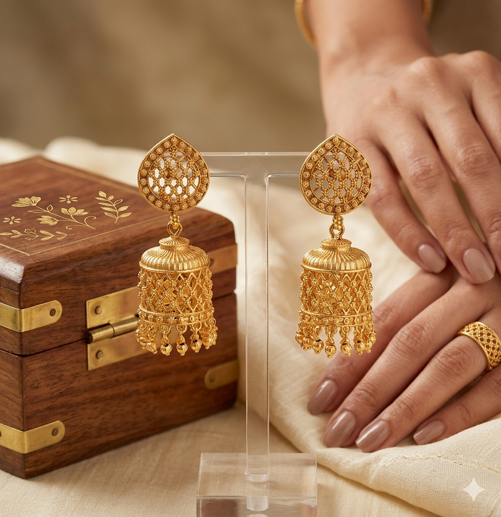 Traditional Gold Filigree Jhumka Earrings