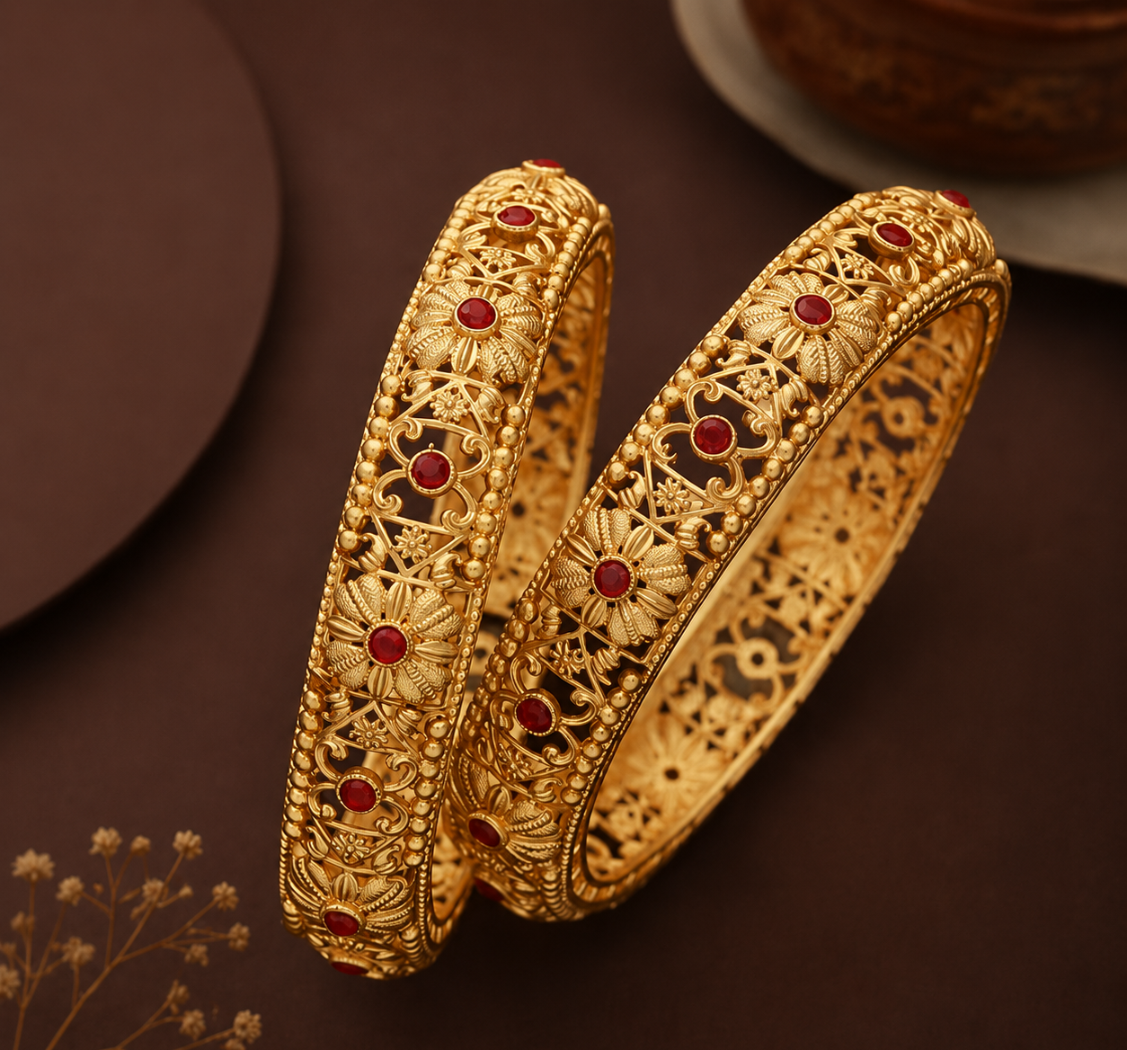 Antique Gold-Plated Filigree Bangles with Ruby Accents