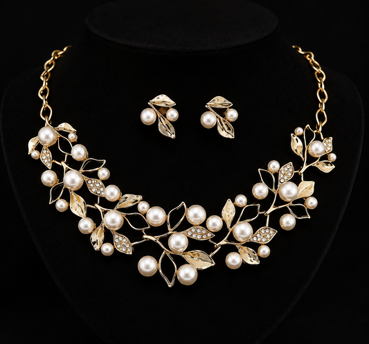 Golden Leaf & Pearl Garland Necklace Set