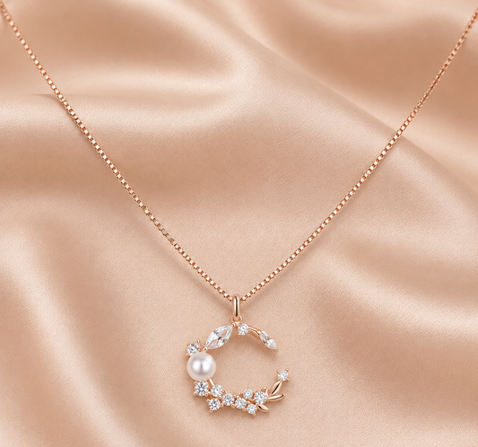 Rose Gold Celestial Wreath Pendant with Pearl and American Diamonds