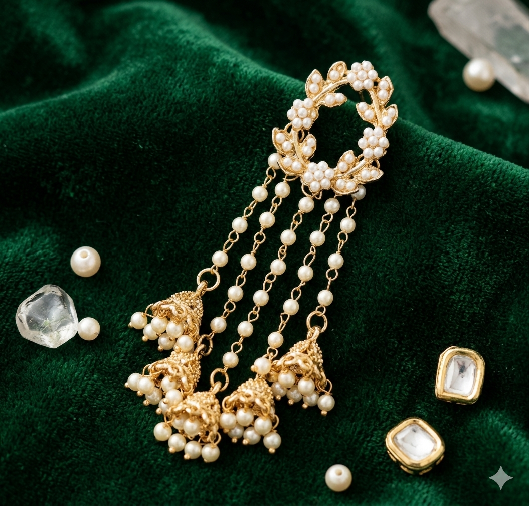 Gold Pearl Chandelier Jhumka Earrings