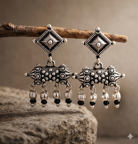 Oxidized Silver Tribal Drop Earrings