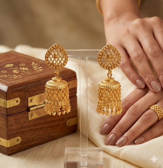 Traditional Gold Filigree Jhumka Earrings